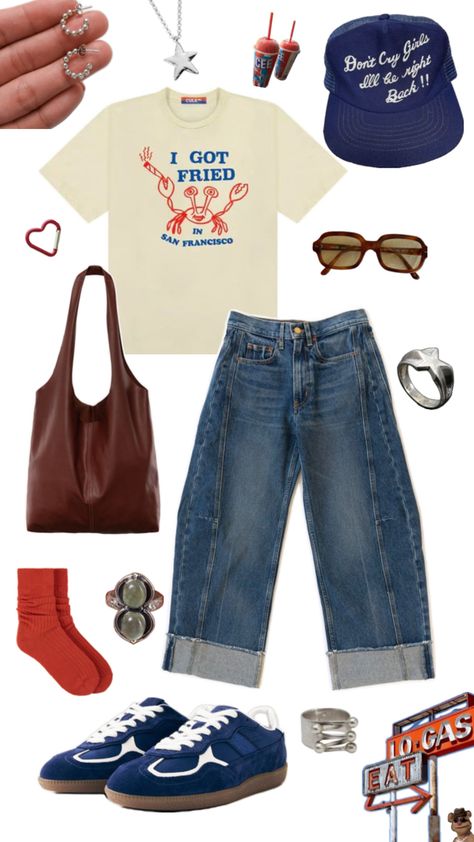 Casual outfit, quirky, comfy, road trip, trendy, silver jewelry, California, funny t shirts, saddle jeans, alohas shoes Quirky Cool Outfits, Road Trip Outfit Ideas Casual, Road Trip Outfit Aesthetic, Cute Quirky Outfits, Road Trip Outfit Summer Casual Comfy, Comfy Summer Outfits Aesthetic, Vinted Outfit, Road Trip Outfit Ideas, Comfy Road Trip Outfit