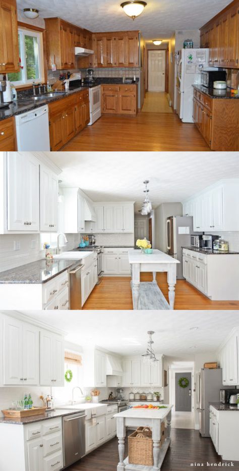 Painted Kitchen Cabinets Remodel | Learn how to paint oak cabinets and hide the grain to achieve a completely smooth and professional finish. Painting Kitchen Cabinets White, Model Dapur, Painting Oak Cabinets, Kitchen Diy Makeover, Kabinet Dapur, Kitchen Remodel Before And After, New Kitchen Cabinets, Kitchen Cabinets Makeover, Hur Man Målar