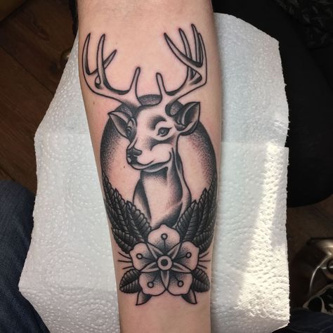 CHIP NESBITT Black and Grey Traditional Deer Tattoo with Flower Traditional Deer Tattoo, Black And Grey Traditional, Fawn Tattoo, Deer Tattoo, Traditional Tattoo Design, Leg Sleeve, Leg Sleeves, American Traditional, Tattoo Inspo