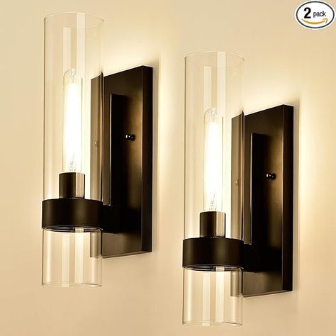 Hyperion house Black Indoor Wall Sconces Set of Two, Bathroom Vanity Light Fixtures Over Mirror, Glass Wall Lamps for Bedroom Side Vanity Lights for Bathroom Sink Hallway - Amazon.com Wall Light Bathroom, Black Bathroom Light Fixtures, Black Bathroom Light, Bathroom Powder Room, Corridor Kitchen, Vanity Wall Light, Black Vanity Bathroom, Bedroom Corridor, Light Fixtures Bathroom Vanity