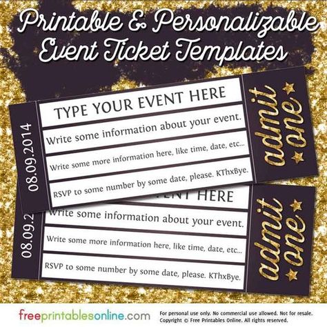 Admit One Gold Event Ticket Template More Ticket Template Free Printables, Concert Ticket Invitation, Ticket Invitation Template, Ticket Template Printable, Concert Ticket Gift, Prom Tickets, Ticket Template Free, Event Ticket Template, Concert Ticket Template