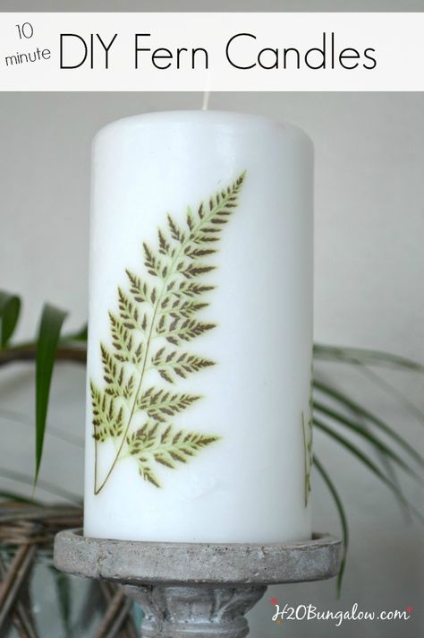 10 minute easy DIY fern image candle.  Update your decor with trendy ferns. H2OBungalow Decorating Candles, Fern Images, Candle Stamping, Diy Crafts Home Decor, Creative Candles, Diy Candle Holders, Diy Crafts Home, Candle Craft, Candle Art