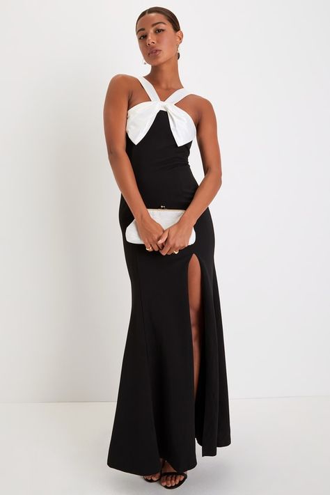 Luxurious Outlook Black and White Bow Mermaid Maxi Dress Black And White Red Carpet Dress, Black And White Party Outfit, Black White Dress Formal, Black And White Dresses, Mermaid Maxi Skirt, Mermaid Maxi Dress, Black White Maxi Dress, Preppy Prom, Bow Wedding