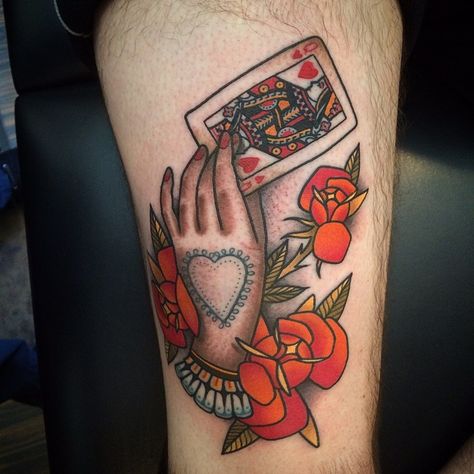 Traditional hand holding card tattoo done at classic tattoos by Keller Traditional Tattoo Hand Holding, Holding Cards Tattoo, Hand Holding Cards Tattoo, Hand Holding Card, Cards Tattoo, Playing Card Tattoos, Queen Of Hearts Tattoo, Traditional Hand Tattoo, Rose Shoulder Tattoo