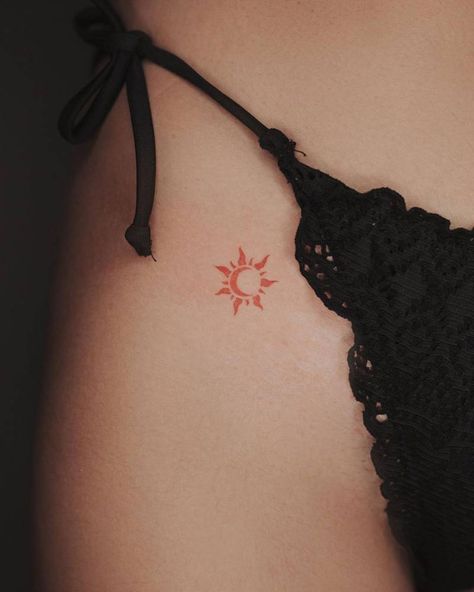 Small Minimalist Sun Tattoo, Small Red Sun Tattoo, Sun Tattoo Female, Manifest Your Reality Tattoo, Sun On Hip Tattoo, Sun Flare Tattoo, Sun Moon Tattoo Minimalist, Cute Sun And Moon Tattoos, Moon And Sun Tattoo Ideas