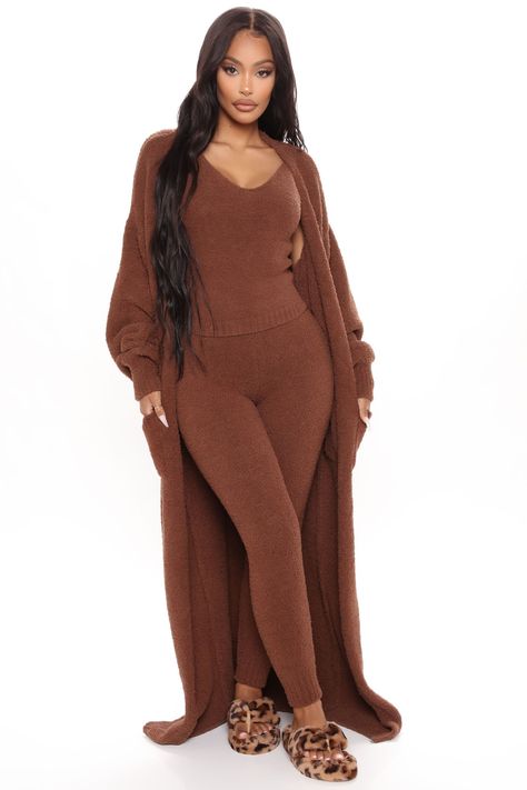 Available In Black, Brown, Peach, And Purple. 3 Piece Legging Set Tank Top V Neck Duster Cardigan Pockets High Rise Leggings Stretch 100% Polyester Imported | Living So Cozy 3 Piece Legging Set in Brown size 1X by Fashion Nova Fashion Nova Outfits, Duster Cardigan, Cute Comfy Outfits, High Rise Leggings, Curvy Outfits, Womens Loungewear, Shop Maxi Dresses, Brown Fashion, Rompers Women