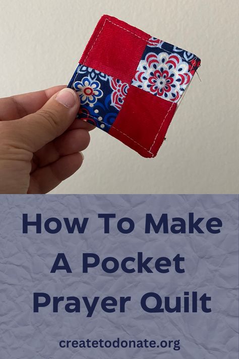 A pocket prayer quilt is a tiny quilt with a prayer or saying on it. It works up quickly, uses scrap fabric, and the prayer can be attached with a piece of paper or ironed on the fabric using HTV or DTF transfer. They are a small but mighty way to show support to family or friends in need. Small Gifts To Sew For Friends, Diy How To Make Pocket Prayer Quilts, Prayer Quilt Square, Pocket Quilt Pattern, Prayer Pillows Ideas, Faith Based Crafts For Adults, Cross Quilts Ideas, Small Quilt Projects For Beginners, Prayer Pockets Pattern