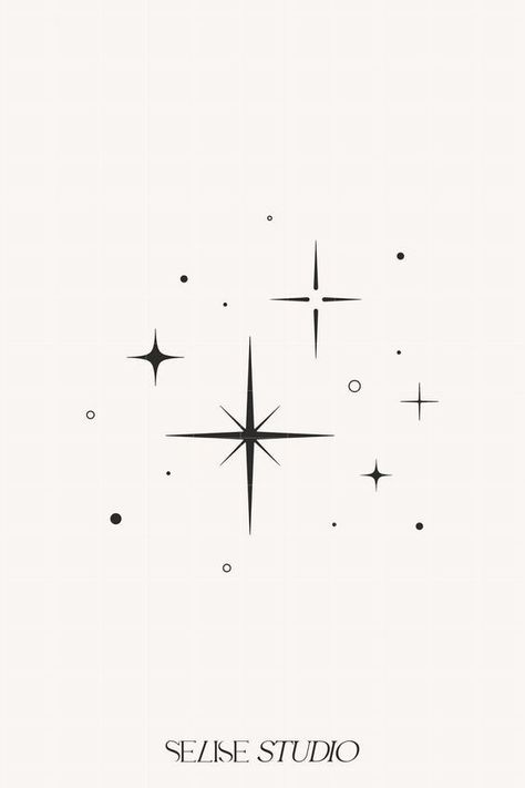 Mystical Star Tattoo, Tattoo Sparkle Stars, Moon Sun Illustration, Four Stars Tattoo, Galaxy Stars Tattoo, Star Vector Design, Simple Celestial Tattoo, Moon Sun And Stars Tattoo, Stars Tatoos