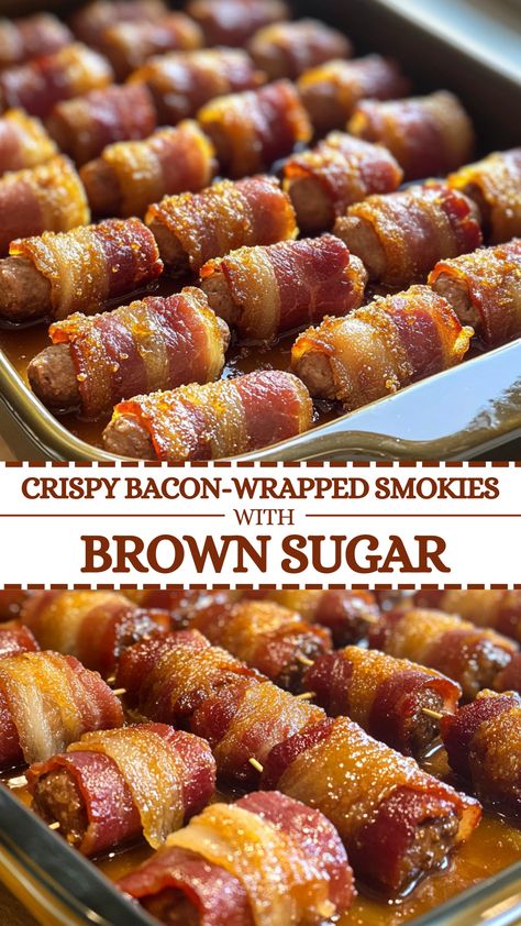 Crispy Bacon-Wrapped Smokies with Brown Sugar Bacon Lil Smokies Brown Sugar, Bacon Wrapped Wieners With Brown Sugar, Smokies With Bacon And Brown Sugar, Brown Sugar Bacon Wrapped Smokies Air Fryer, Lol Smokies Wrapped In Bacon, Appetizer Hot Dog, Lil Smokies In Puff Pastry, Brown Sugar Bacon Wrapped Little Smokies, Bacon Wrapped Sausage Appetizers