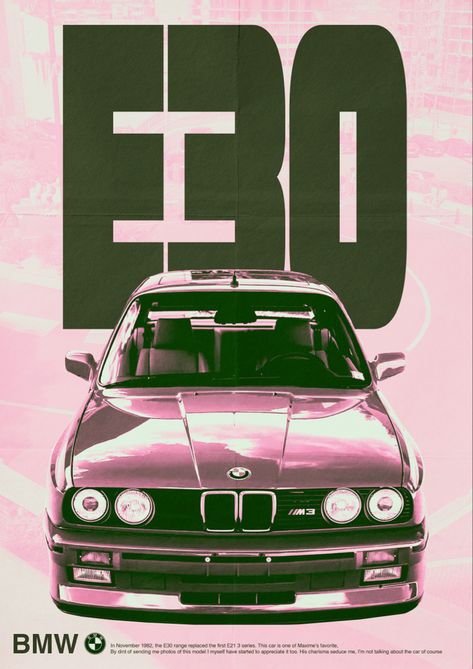 car poster e30 duochrome design 
affiche de voiture design modèle e30 kaki et rose Cool Bmw Cars, Bmw E30 M3 Poster, Vintage Bmw Poster, Pink Car Poster, Pink Bmw E30, Bmw E36 Poster, Bmw E30 Poster, Bmw Poster Design, Bmw E30 Drawing