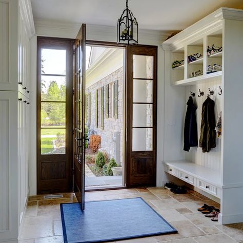 Mudroom Entry, Foyer Storage, Foyer Ideas Entryway, Glass Conservatory, Entryway Closet, Built In Shelves Living Room, Foyer Entrance, Mudroom Entryway, Travertine Floors