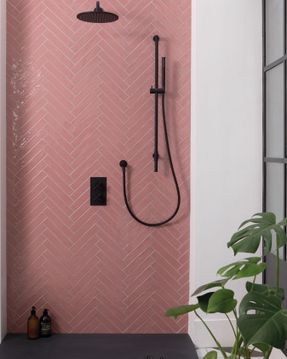 Gallery Slate Shower Tray, Slate Shower, Dark Green Bathrooms, Black Shower Tray, Wet Room Flooring, Stone Shower, Glazed Brick, Glazed Walls, Pink Tiles