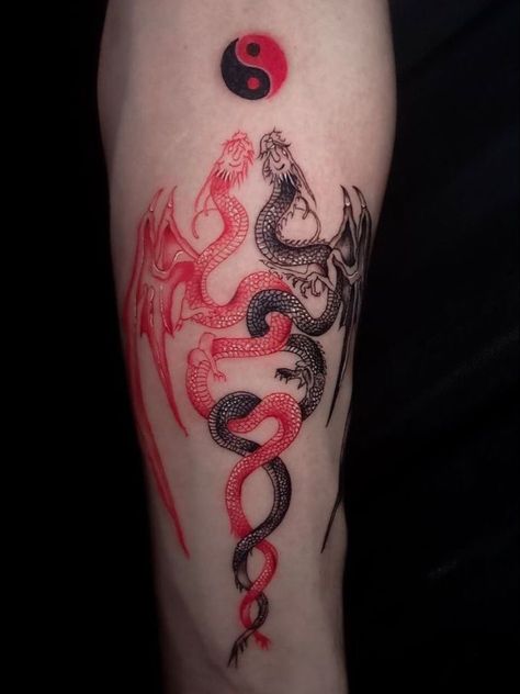 Forearm Tattoos Dragon, Dragon Tattoo Red And Black, Dragon Shin Tattoo, Black And Red Ink Tattoo, Snake And Dragon Tattoo, Appearance Manifestation, Tattoo Ideas For Men Meaningful, Tattoo Ideas Red, Forearm Tattoo Ideas For Men