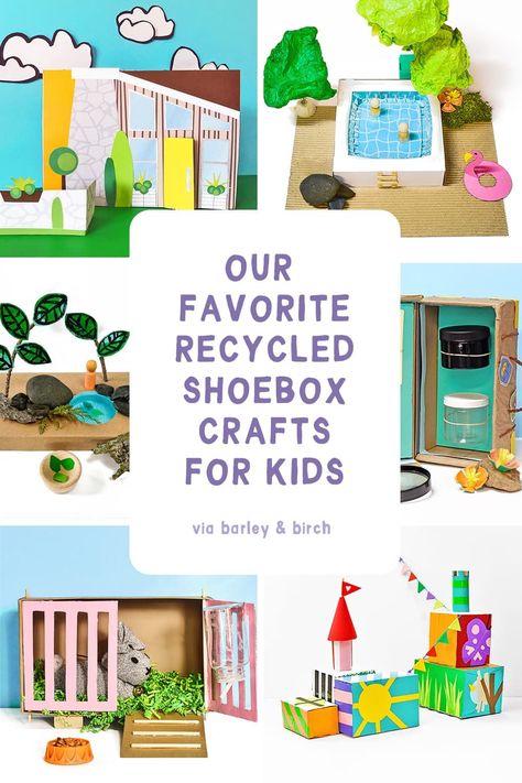 This collection of creative shoebox crafts for kids provides a wonderful opportunity to let your children's imaginations run wild! With a few simple materials, your children will be able to make all kinds of fun, creative objects that they can either use or display in their room. From shoebox pet play and shoebox cities to creative shoebox storage and display ideas, this set of upcycled shoebox projects are sure to provide hours of fun and entertainment for your kids! | from barley & birch Shoebox Crafts For Kids, Shoe Box Crafts For Kids, Shoe Box Art, Cool Kids Toys, Shoebox Crafts, Creative Objects, Creative Storage Ideas, Shoe Box Diy, Shoe Box Crafts