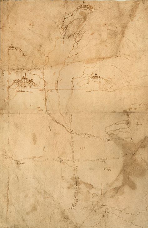 Codex Atlanticus, 918r. - Study for a map of Tuscany (and adjacent areas) - Leonardo da Vinci   c.1502. Codex Atlanticus, Tuscany Map, Interesting Information, Middle Earth, Good People, Tuscany, Anatomy, Sketch Book, Map