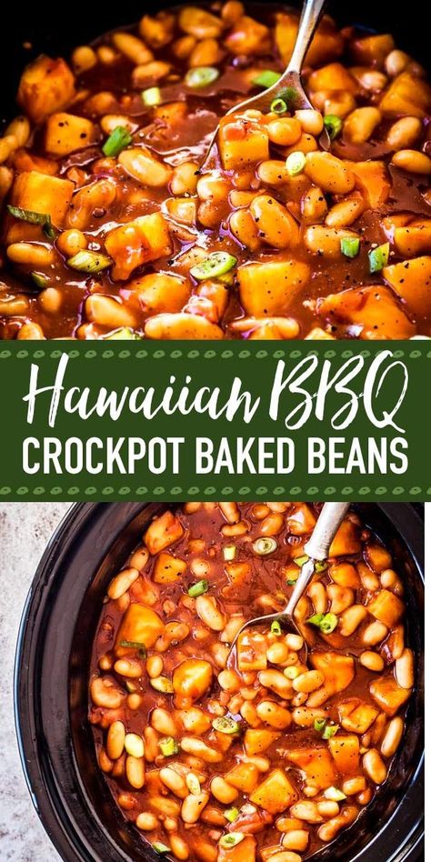 Crock Pot Baked Beans, Picnic Gathering, Baked Beans Crock Pot, Luau Party Food, Bbq Baked Beans, Luau Food, Hawaiian Bbq, Hawaiian Dishes, Baked Bean Recipes