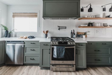 Classic and modern kitchen remodel... Mix and match kitchen appliance brands still look great! Olive Green Kitchen, Modern Kitchen Remodel, New Kitchen Cabinets, Green Cabinets, Gorgeous Kitchens, Trendy Kitchen, Green Kitchen, Open Shelves, Kitchen Inspo