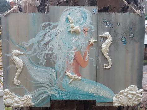 Mermaids On Wood, Beach Themed Crafts, Diy Mermaid, Diy Beach Decor, Mermaid Bathroom, Mermaid Wall Decor, Mermaid Crafts, Watercolor Mermaid, Mermaid Wall Art