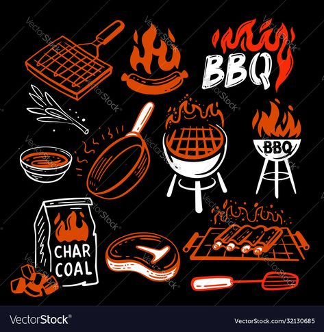 Bbq Icons Illustrations, Bbq Illustration Design, Grill Graphic Design, Grilling Illustration, Bbq Logo Design Ideas, Meat Illustrations, Bbq Packaging, Grill Drawing, Grill Illustration