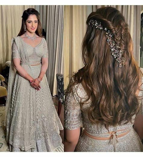 Engagement Hairstyles For Lehenga, Open Hairstyles Indian Wedding, Reception Hairstyles, Lehenga Hairstyles, Mehndi Hairstyles, Hairstyles For Indian Wedding, Hairstyles For Gowns, Indian Wedding Lehenga, Engagement Hairstyles