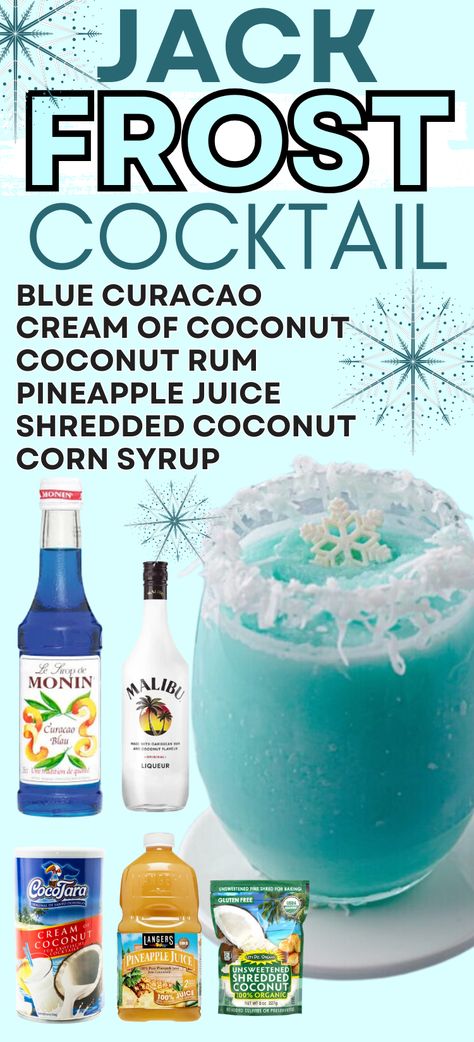 Sip your holidays away with this tropical, creamy Christmas cocktail – Jack Frost cocktail! Made with pineapple juice, cream of coconut, coconut rum, and blue curacao, it makes the perfect sweet and tropical cocktail to enjoy during the winter season. Christmas cocktails, Malibu rum cocktails, Jack Frost recipes, blue curacao cocktails, coconut cocktails, holiday drinks, xmas cocktails, xmas drinks, xmas party cocktails. Coconut Cream Liquor Drinks, Blue Curacao Drinks Coconut Rum, Snowball Drink Cocktails, Island Breeze Cocktail, Frosty Drink Recipe, Bulk Drinks For Party, Snow Themed Cocktails, Tipsy Rudolph Cocktail, Jack Frost Mimosas Recipe