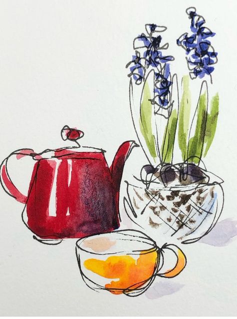 Ink And Watercolour Illustrations, Tea Watercolor Painting, Watercolour Art Beginners, Watercolor Drawing Landscape, Cute Watercolor Paintings Easy, Line And Wash Watercolor Sketches, Pen And Wash Watercolour, Teapot Painting, Watercolor Teacup