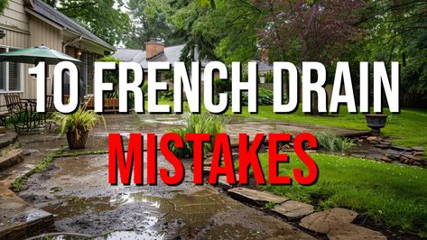 Avoid costly French drain mistakes with these expert tips! Learn how to properly connect your roof runoff system & create a dry, happy yard. French Drain Driveway, How To Build A French Drain Diy, French Drains Diy, How To Install A French Drain, French Drains Drainage Solutions, Diy French Drain Yards Backyards, Patio Drainage Solutions, Backyard Flooding Solutions, French Drain Landscaping