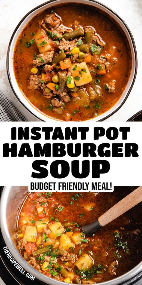 This Instant Pot Hamburger Soup recipe is easy and budget friendly, but doesn't skimp on flavour! Made with extra lean ground beef, frozen vegetables and a handful of pantry staples, this delicious soup will earn a repeat spot on your menu! Instant Pot Hamburger Soup, Instapot Soup Recipes, Beef Veggie Soup, Veggie Soup Recipes, Hamburger Vegetable Soup, Ground Turkey Soup, Beef Recipe Instant Pot, Beef Soup Recipes, Soup With Ground Beef