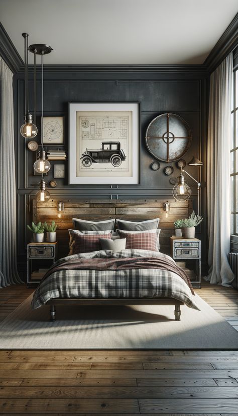 Cozy industrial bedroom with dark gray walls, reclaimed wood bed, plaid bedding in gray, white, red. Metal nightstands with vintage-style lamps, succulents. Framed car blueprint above bed, distressed metal mirror, large neutral rug. Soft natural light from windows with black-out curtains. Cozy Industrial Bedroom, Boys Industrial Bedroom, Dark Gray Walls, Curtains Inspiration, Modern Industrial Bedroom, Reclaimed Wood Bed, Industrial Luxe, Car Blueprint, Eclectic Industrial