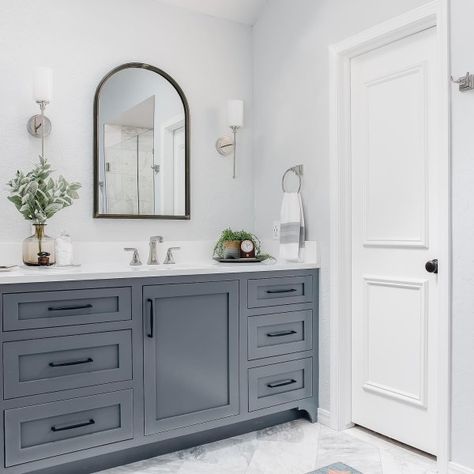 Bathroom Cabinet Colors, Grey Bathroom Cabinets, White Paint Color, Blue Gray Paint Colors, Painting Bathroom Cabinets, Blue Bathroom Vanity, Blue Gray Paint, Silver Bathroom, Best White Paint