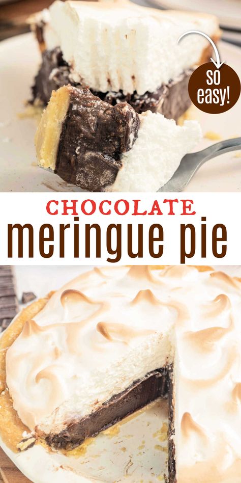 Easy Chocolate Meringue Pie Recipe Easy Chocolate Meringue Pie, Chocolate Meringue Pie Recipe, Creamy Chocolate Dessert, Fluffy Meringue, Meringue Pies, Chocolate Meringue Pie, Silk Pie Recipe, Old Fashioned Recipe, Meringue Pie Recipes