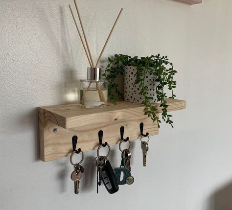 Wall Keychain Holder, Hallway Key Holder, Place To Put Keys Ideas, Hallway Key Storage, Key Holder Entryway Ideas, Key Shelf Ideas, Wooden Shelf With Hooks, Entrance Key Holder Entryway, Key Holders Ideas