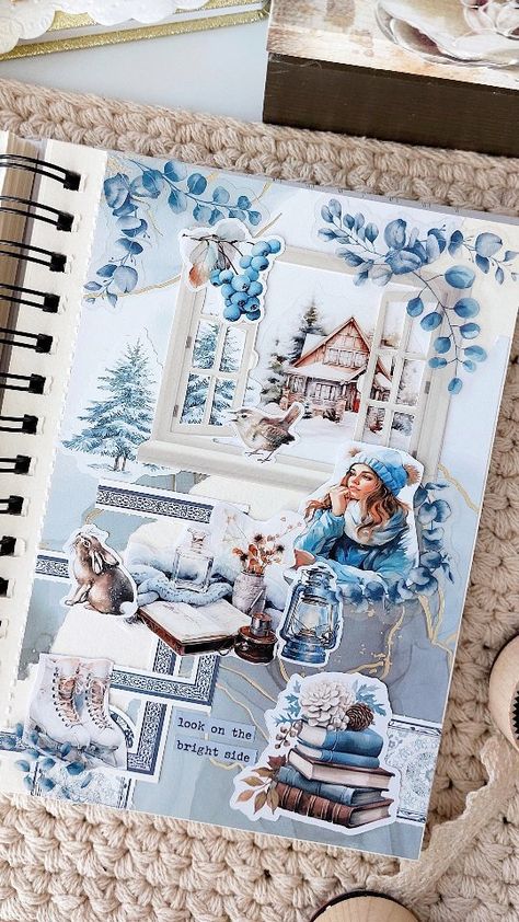 Scrapbook Winter Ideas, Winter Art Journal Ideas, Scrapbook Inspiration Layout, Blue Theme Journal Ideas, Winter Journal Ideas, Scrapbook Theme Ideas, January Scrapbook, Christmas Journal Pages, January Themes