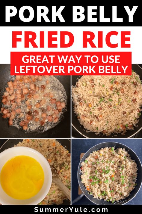 Pork belly fried rice is one of the best leftover belly pork recipes I’ve tried. Use leftover pork belly, cooked rice leftovers, scallion, egg, soy sauce, and a few other simple ingredients to make this delicious recipe. You’ll love this pork belly rice bowl for a quick and easy meal. Get the recipe, calorie information, tips on making authentic pork fried rice and more! Leftover Pork Belly Recipes, Pork Belly And Rice, Leftover Pork Belly, Pork Belly Rice Bowl, Pork Belly Fried Rice, Egg Soy Sauce, Pork Belly Rice, Rice Leftovers, Pork Fried Rice Recipe