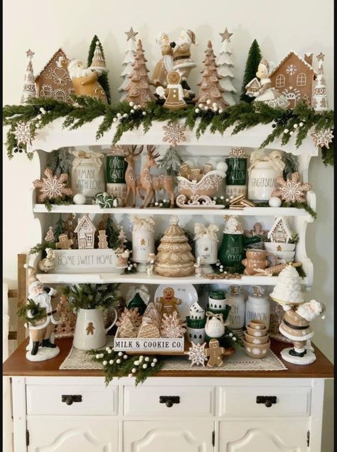 Hutch Christmas Decorating Ideas, Neutral Gingerbread Christmas Decor, Neutral Gingerbread Decor, Gingerbread Bites, Christmas Shop Displays, Christmas Bookshelf, Trendy Christmas Decor, Gingerbread Ideas, Lights For Christmas