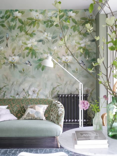 Designers Guild | Kiyosumi wallpaper in celadon Large Green Floral Wallpaper, Designers Guild Curtains, Sanderson Water Garden Wallpaper, Floral Wallpaper Interior Green And Pink, Designers Guild Wallpaper, Tricia Guild, Romantic Wallpaper, Floral Textile, Magnolia Blossom