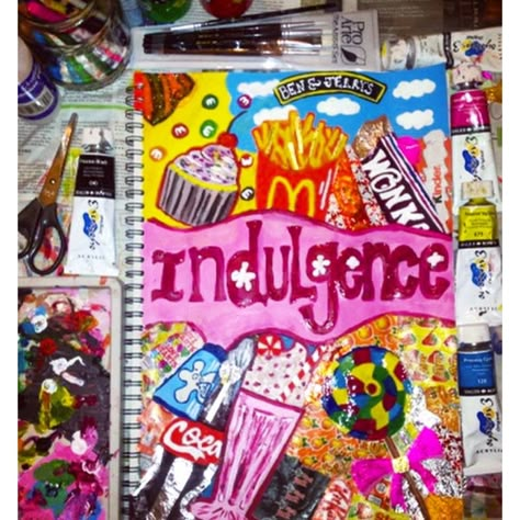 My GCSE art title page for my 'INDULGENCE' project!  Mixed media & acrylic  #art #sweets #chocolate #indulgence #food #gcseart #gcse #paint #colour #colourful #acrylicpaint #artattack #collage #titlepage Art Title Page Ideas, Gcse Art Title Page, Art Title Page, Title Page Ideas, Gcse Sketchbook, Sarah Graham, Art Sketchbook Ideas, Gcse Textiles, Textiles Sketchbook