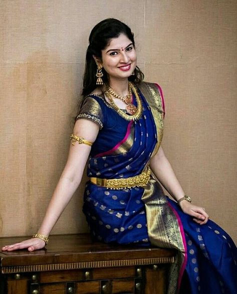 Beautiful Bride in Royal Blue Silk Saree Royal Blue Pattu Saree, Blue Pattu Saree, Royal Blue Silk Saree, Hip Chain, South Indian Wedding Saree, South Indian Blouse Designs, Blue Silk Saree, Half Saree Lehenga, Indian Bridal Sarees