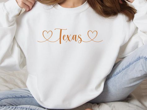 Texas Sweatshirt - Austin, Burnt Orange, Longhorn, Texas Crewneck, TX Gift, State Merch, UT, Fall Sweater, Gameday Shirt, Texas Team Spirit by HiSunshineDesigns on Etsy Texas Sweatshirt, Game Day Shirts, Fall Sweater, Fall Sweaters, Team Spirit, Burnt Orange, Favorite Outfit, Austin, Texas