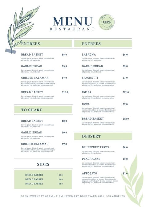 Elegant Restaurant Menu Dinner Menu Restaurant, Cafe Restaurant Menu Design, Vegan Restaurant Menu Design, Menue Design Ideas Creative, Elegant Restaurant Menu Design Ideas, Vickie Blue, Green Menu Design, Minimalist Menu Design, Menu Layout Design