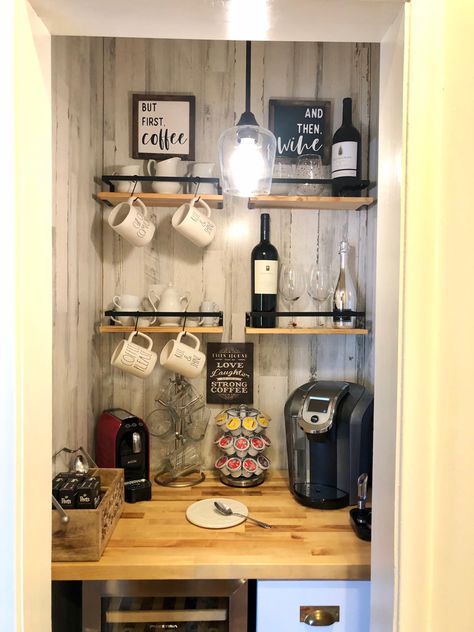 Mini Wine Bar Ideas Small Spaces, Closet Coffee Station, Small Coffee And Wine Bar Ideas, Coffee Bar And Wine Bar Ideas, Closet Coffee Bar Ideas, Coffee Bar In Closet, Wine Bar Ideas Small Spaces, Coffee And Wine Bar Ideas Small Spaces, Wine And Coffee Bar Ideas Small Spaces