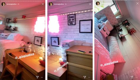 Teresa Giudice's Daughter Gia's College Dorm at Rutgers: Photos | Home & Design Rutgers Dorm, Gia Giudice, Fluffy Throw Pillows, Pink Neon Sign, Teresa Giudice, White Bookshelves, Dorm Furniture, Building Furniture, Housewives Of New York