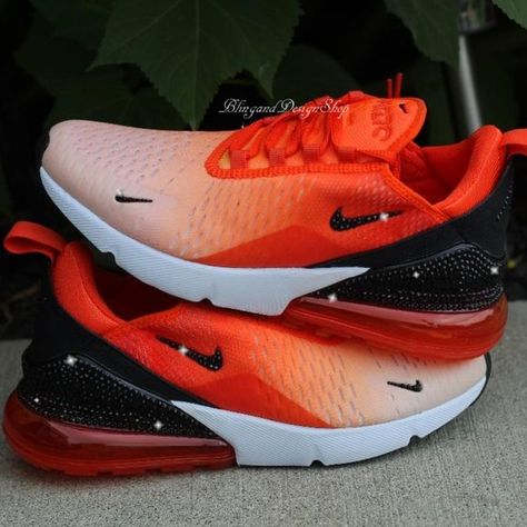 Swarovski Women's Nike Air Max 270 Orange Sneakers Customized with Black Crystal Air Max 270 Orange, 270 Nike Shoes, Sneakers Customized, Womens Nike Air Max 270, Trail Shoes Women, Air Logo, Black Slip On Sneakers, 270 Nike, Water Shoes Women