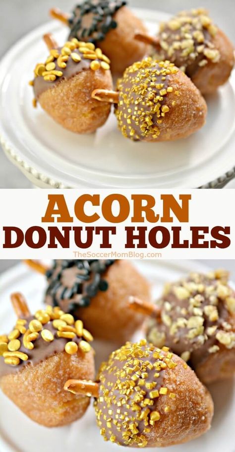 They look like real acorns, but definitely taste more delicious! These acorn donut holes are a sweet fall treat that's just as fun to make as they are to eat! No baking required! Edible Acorns, Acorn Recipe, Fun Fall Treats, Fall Donuts, Autumn Foods, Thanksgiving Servings, Fall Parties, Thanksgiving Treats, Donut Holes