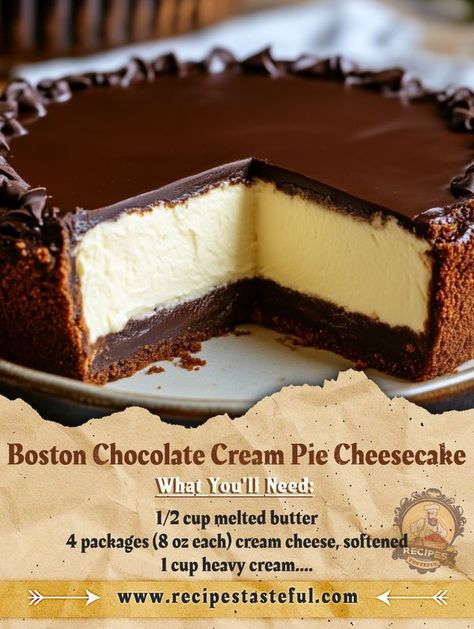 FAMILY RECIPES COMMUNITY | Boston Chocolate Cream Pie Cheesecake | Facebook Boston Cream Cheesecake Recipes, Boston Cream Pie Cheesecake Recipe, Boston Cheesecake, Bacon Bourbon Cheesecake, Boston Cream Cheesecake, Boston Cream Cake Easy, Boston Cream Pie Cheesecake, Bourbon Cheesecake, Boston Creme Pie