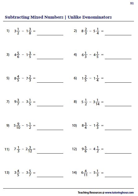 Subtracting Fractions Unlike Denominator, Subtracting Mixed Fractions, Mixed Numbers Worksheet, Mixed Fractions Worksheets, Free Fraction Worksheets, Subtracting Mixed Numbers, Multiplying Fractions Worksheets, Math Fractions Worksheets, Pre Algebra Worksheets