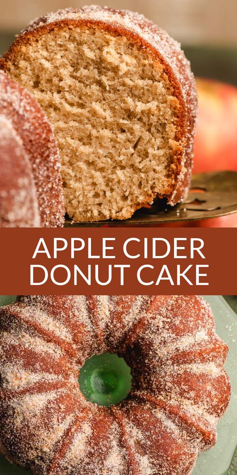 Capture all the nostalgia of fall trips to the cider mill with this easy Apple Cider Cake! Filled with tangy sweet apple cider flavor and finished with a cider glaze and crunchy cinnamon sugar coating, this Apple Cider Donut Cake tastes just like the cake donuts you get from the apple orchard! Apple Cider Doughnut Bundt Cake, Apple Cider Donut Cupcakes, Baked Apple Donuts Recipe, Mini Apple Upside Down Cake, Call Dessert Recipes, Apple Cider Cake Donuts Recipe, Fall Pound Cake, What To Make With Apple Cider, Apple Cider Cake Recipe Easy