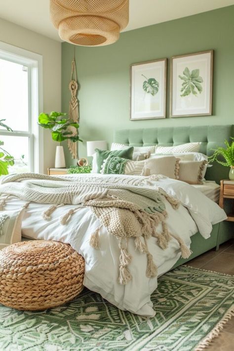 Sage Bohemian Bedroom, Wicker And Green Bedroom, Botanical Green Bedroom, Green Bedroom Wall Ideas, Emerald Bedroom Ideas, Green Headboard Bedroom Ideas, Light Green Bedroom Ideas, Boho Green Bedroom, Green Bedrooms Ideas