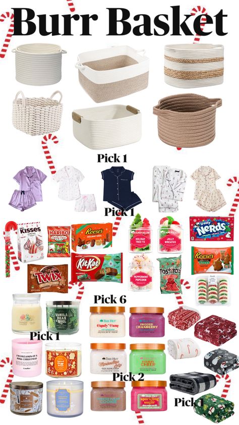 Elf Basket Ideas, Bestie Basket, Basket Gift Ideas, Family Gift Baskets, Girly Christmas Gifts, Cute Christmas Ideas, Diy Best Friend Gifts, Holiday Baskets, Cute Christmas Outfits