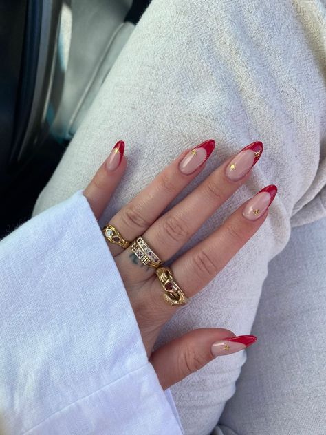 Paris Nails Ideas, Red Tip Nails, Red French Tip, Red And Gold Nails, 2023 Nails, Red French, Tip Nails, Festival Nails, Xmas Nails